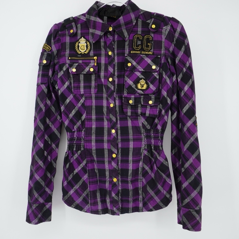 COOGI Luxury Cinched Waist Button Front Patch‎ Plaid Long sleeve Shirt Purple S
